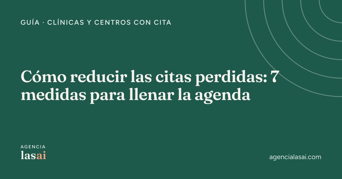 Portada verde de Agencia Lasai con el título «Cómo reducir las citas perdidas: 7 medidas para llenar la agenda»